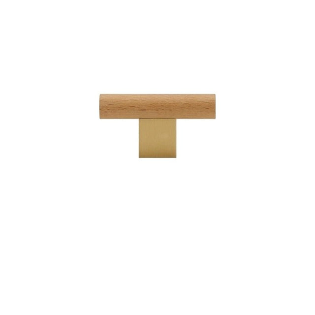 "A minimalist wood and brass knob, combining natural finishes with modern design, isolated on a white background."