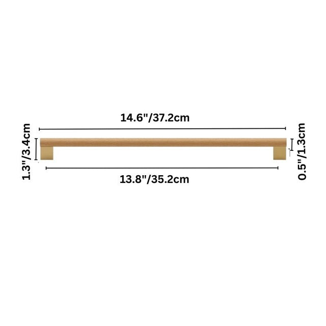 "Dimensions of an extra-large, minimalist wood and brass pull bar for contemporary furniture."