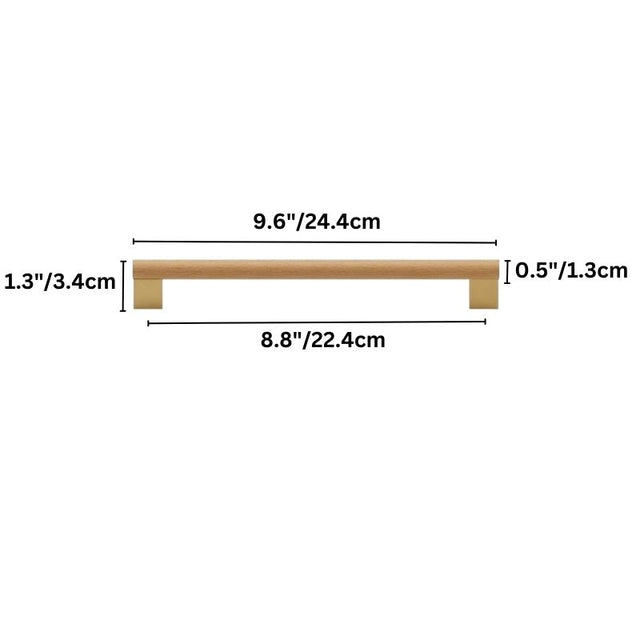 "Close-up of the dimensions of a large, minimalist wood and brass pull bar for contemporary furniture."