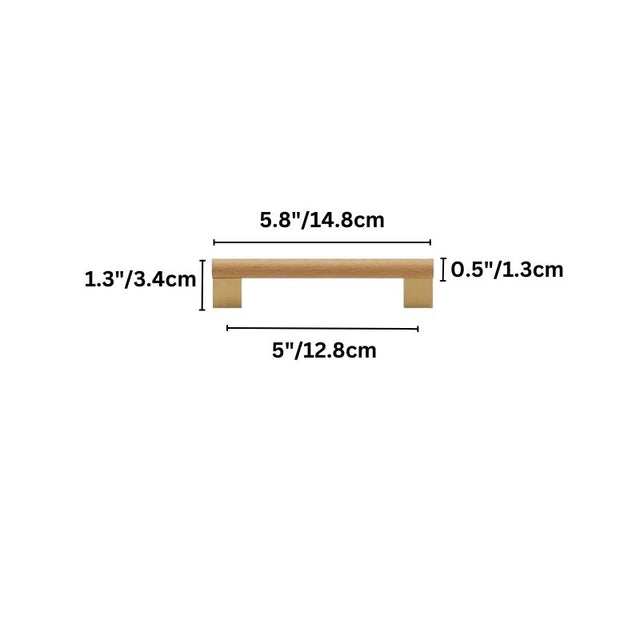 "Dimensions of a large, minimalist wood and brass pull bar for contemporary furniture, isolated on a white background."