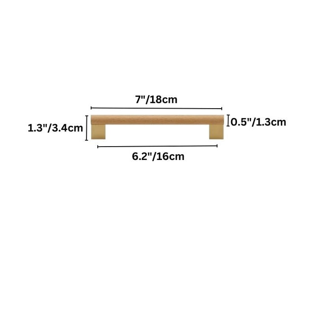 "Dimensions of a medium-sized minimalist wood and brass pull bar for contemporary furniture, isolated on a white background."