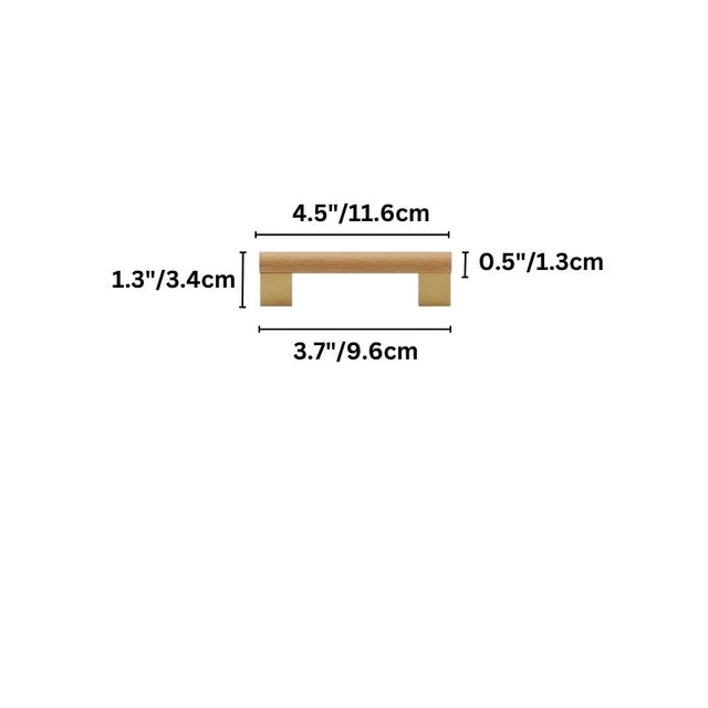 "Dimensions of a minimalist wood and brass pull bar for contemporary furniture."