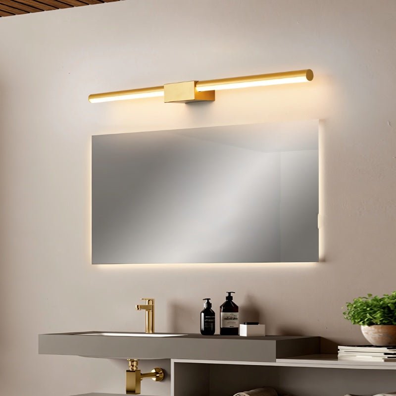 "Modern gold Zanal wall lamp, crafted from aluminum, iron, and silica gel, providing soft, linear illumination for a contemporary bathroom vanity."