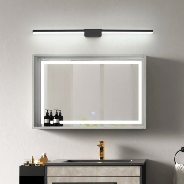 "Modern minimalist linear Zanal wall lamp made of aluminum, iron, and silica gel, providing soft illumination for contemporary bathroom interior design."