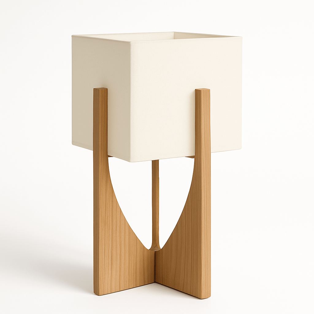 Zenic Lamp - Stylish Fabric and Wood Lighting Fixture in compact table size, featuring a square fabric shade and wooden V-frame base.