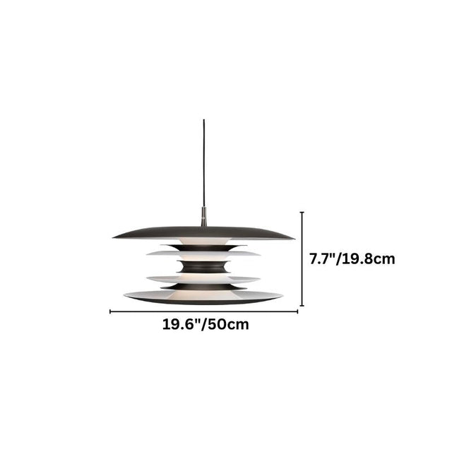 "A modern pendant light with layered discs, shown with dimensions of 19.6 inches in diameter and 7.7 inches in height."