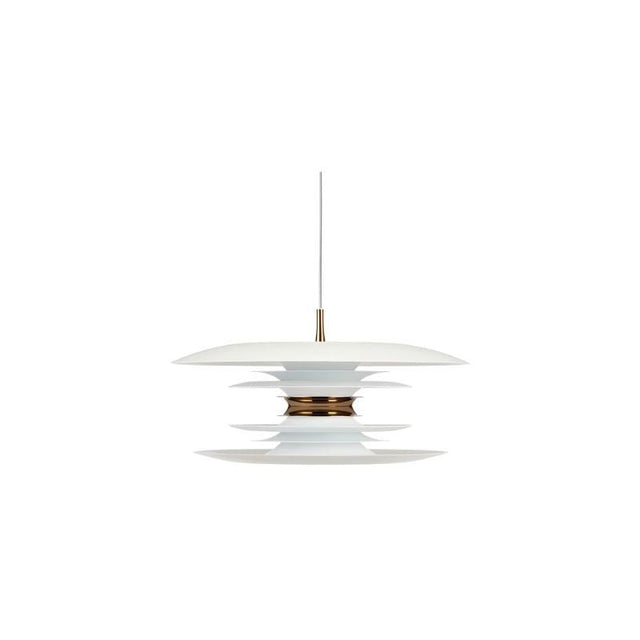 "A modern pendant light with layered discs in white and gold, suspended by a thin cord against a white background."
