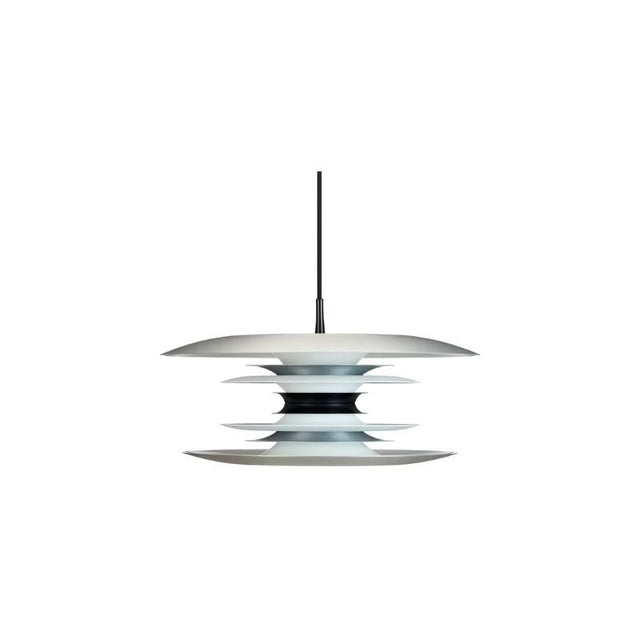 "A modern pendant light with layered discs in white and silver, suspended by a thin black cord against a white background."