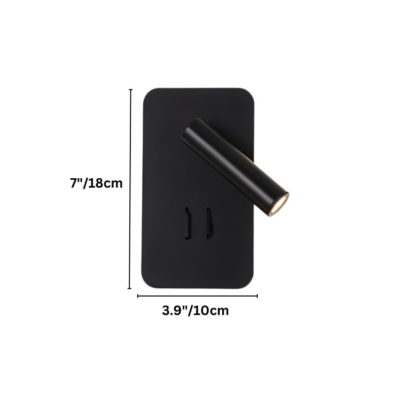 "Dimensions of a modern black rectangular wall-mounted reading lamp with an adjustable cylindrical spotlight, 7 inches in height and 3.9 inches in width."
