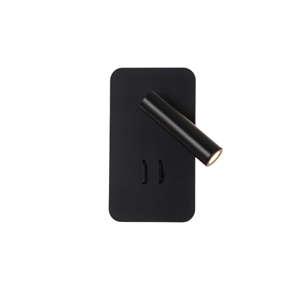 "A modern black rectangular wall-mounted reading lamp with an adjustable cylindrical spotlight, showcasing its minimalist design, isolated on a white background."