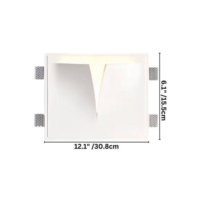 "A white square trimless wall light with a geometric design, showing dimensions of 12.1 inches in width and 6.1 inches in height."