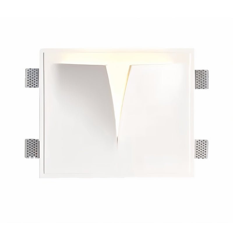 "A white square trimless wall light with a geometric design, showing its mounting hardware, isolated on a white background."