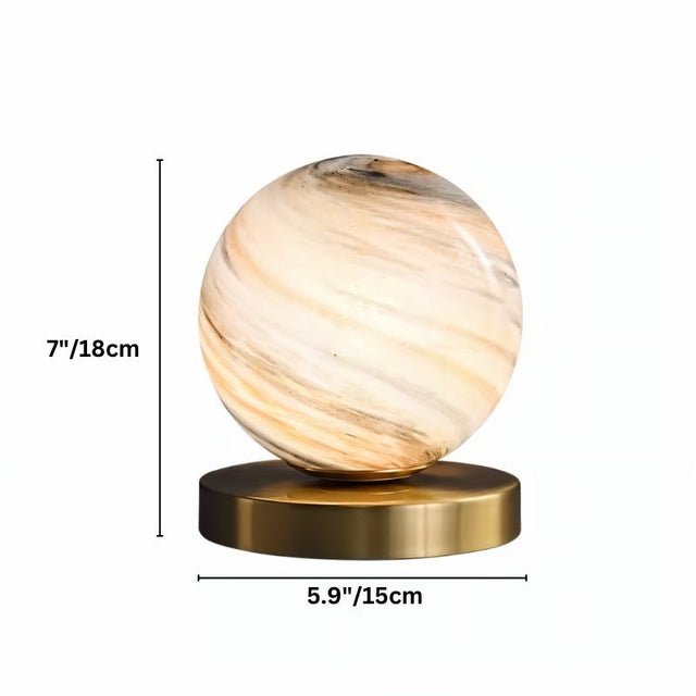 "Dimensions of modern table lamp with marble glass globe shade and brass base: 7 inches (18 cm) height, 5.9 inches (15 cm) diameter."