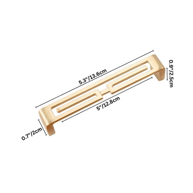 "A brushed gold, geometric pull bar with bold cutouts, made of zinc alloy, shown with dimensions."