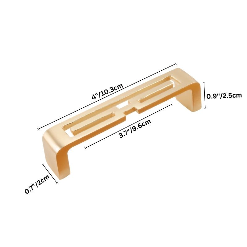 "A brushed gold, geometric pull bar with bold cutouts, made of zinc alloy, shown with dimensions."