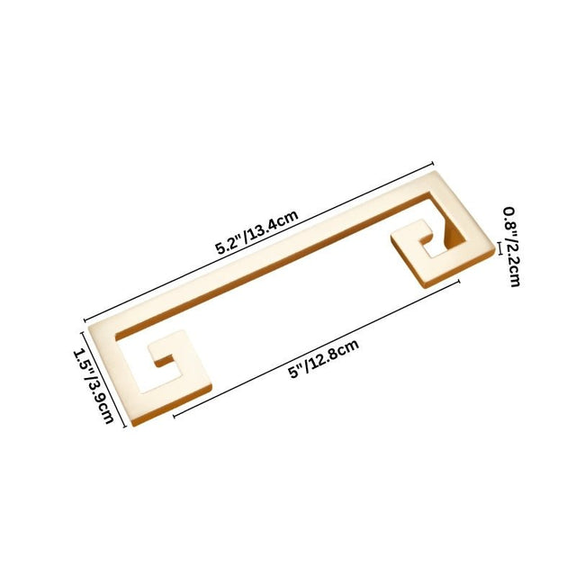 "A brushed gold, geometric pull bar with bold cutouts, made of zinc alloy, shown with dimensions."