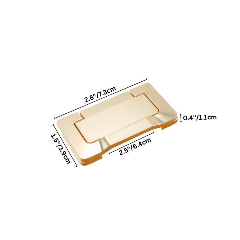 "A brushed gold, geometric pull bar with bold cutouts, made of zinc alloy, shown with dimensions."