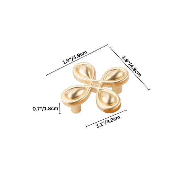 "A brushed gold, clover-shaped knob made of zinc alloy, shown with dimensions."