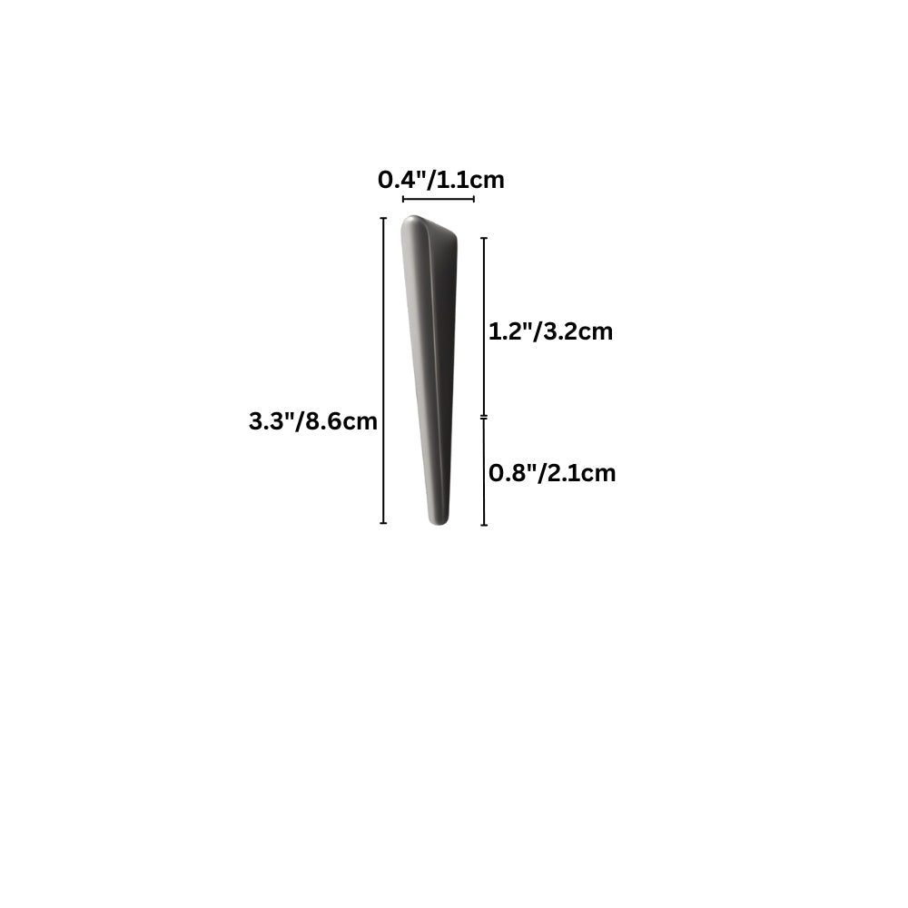 "A small, sleek, tapered zinc alloy pull bar with a geometric profile, shown with dimensions."