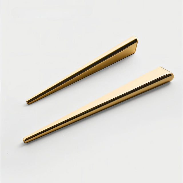 "Two sleek, tapered zinc alloy pull bars with a geometric profile in a gold finish, shown on a light background."
