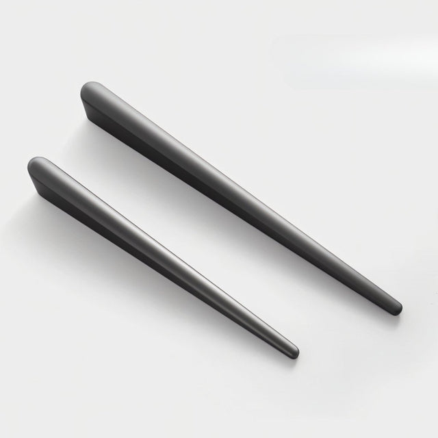"Two sleek, tapered zinc alloy pull bars with a geometric profile in a dark finish, shown on a light background."