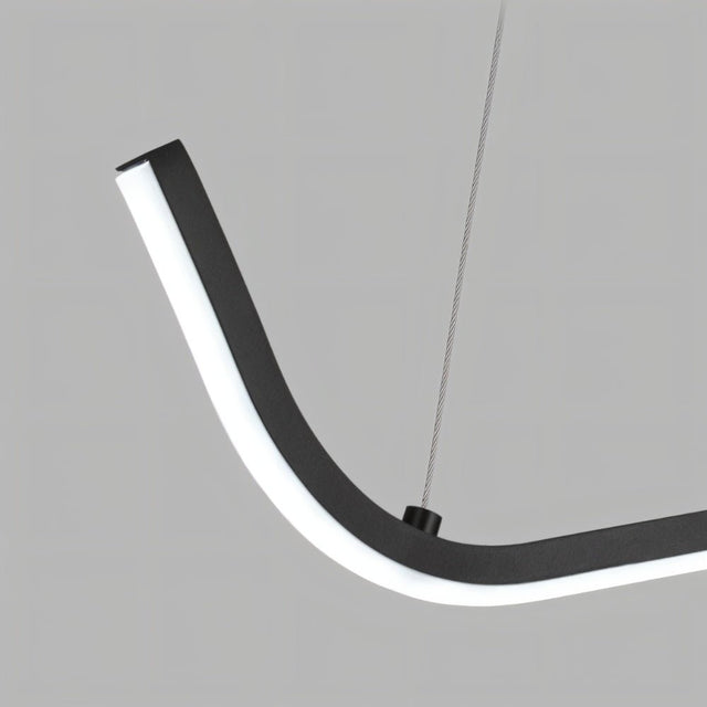"Close-up detail of the wave-like bar of a modern LED pendant light, showing the sleek design and thin suspension cable."