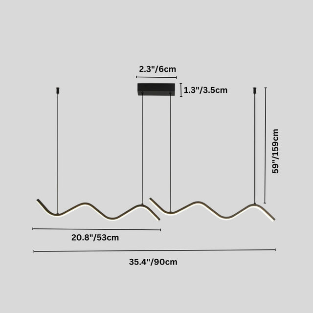 "A modern LED pendant light with fluid, wave-like bars, shown with dimensions of 35.4 inches in length and 20.8 inches in width."