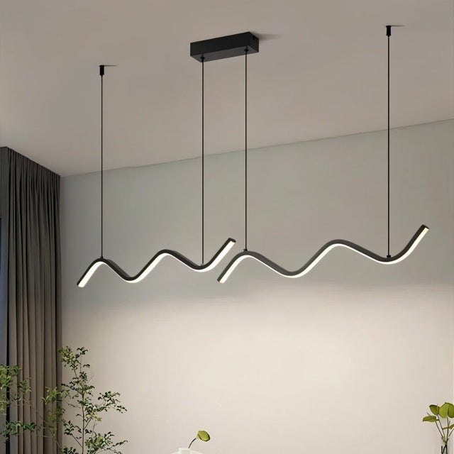 "A modern LED pendant light with fluid, wave-like bars, illuminating a living room with plants and a minimalist aesthetic."