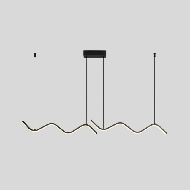 "A modern LED pendant light with fluid, wave-like bars, suspended from a rectangular canopy."