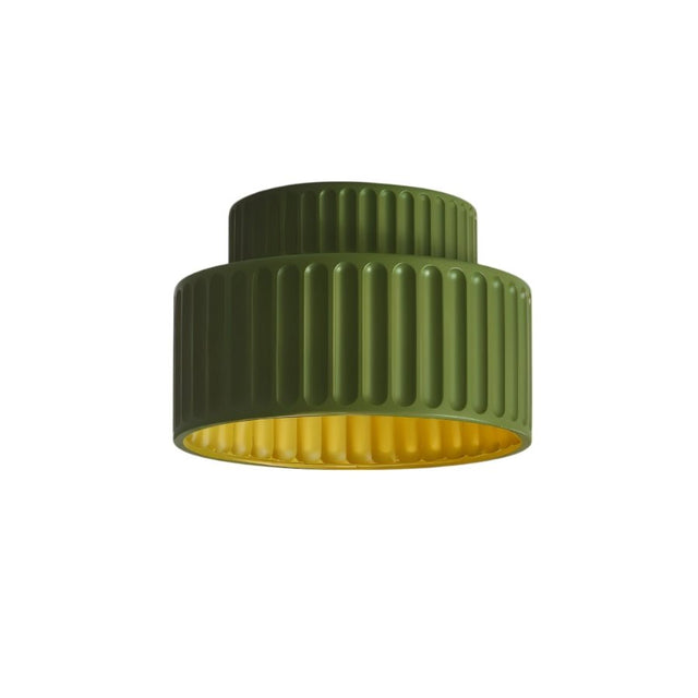 "A green ceiling light with a ribbed, cylindrical shade and a gold interior, shown against a white background."