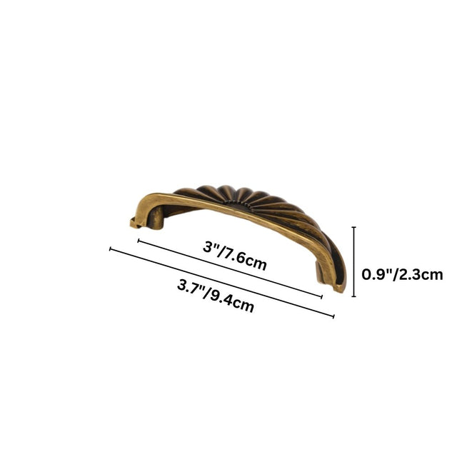 "Dimensions of a vintage brass fan-shaped drawer pull with detailed ridges: 3 inches center-to-center, 3.7 inches overall length, and 0.9 inches in height."