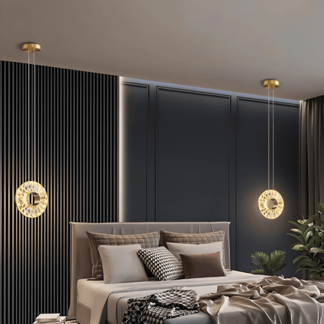 Zunel Pendant Light – Copper & Crystal Elegance pair above a bed, providing soft ambient lighting in a modern bedroom setting.