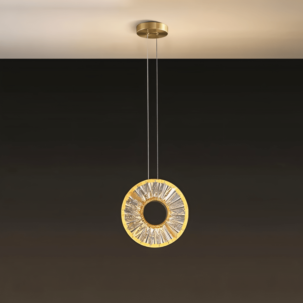 Zunel Pendant Light – Copper & Crystal Elegance single pendant against a dark background, showcasing its halo design and warm glow.