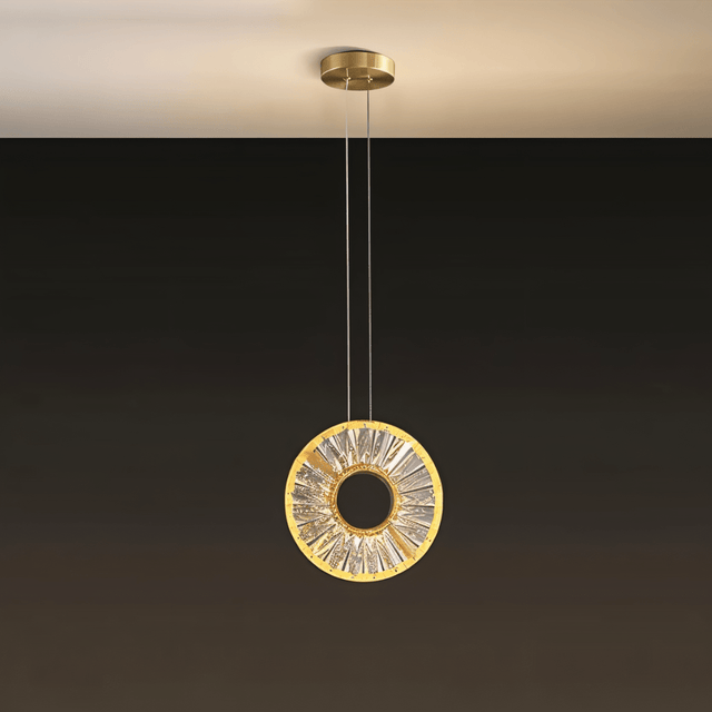 Zunel Pendant Light – Copper & Crystal Elegance single pendant against a dark background, showcasing its halo design and warm glow.