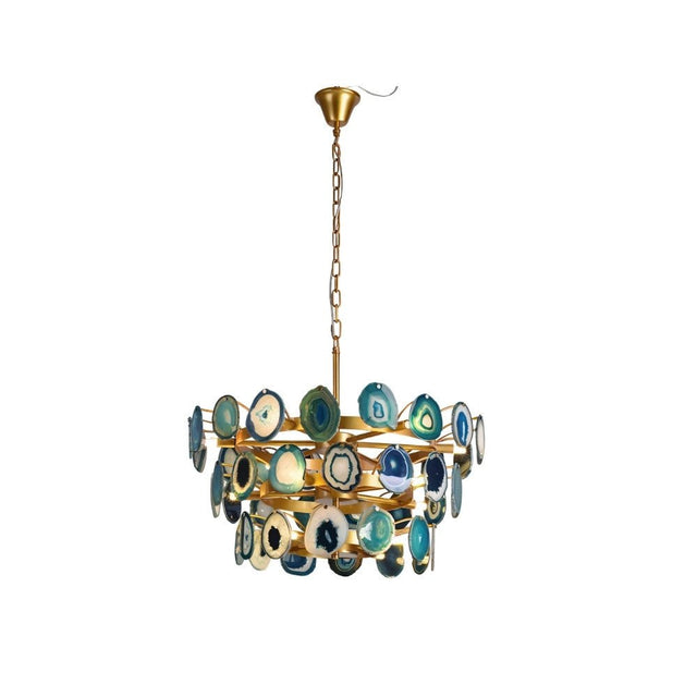 "Gold metal Zylan chandelier with layered circular design and blue agate slices, isolated on a white background."