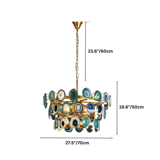 "Gold metal Zylan chandelier with dimensions showing 23.6 inches/60 cm height, 19.6 inches/50 cm diameter, and 27.5 inches/70 cm width."