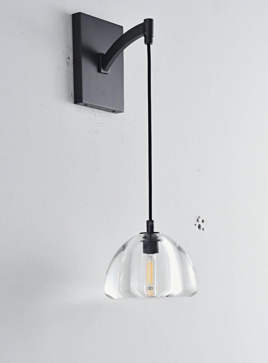 "A modern black wall lamp with a clear glass shade, blending elegance and minimalist design with a curved arm and rectangular base."