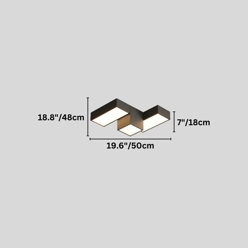 "A diagram showing the dimensions of a 19.6 inch (50cm) geometric ceiling light, including length, width, and depth in inches and centimeters."