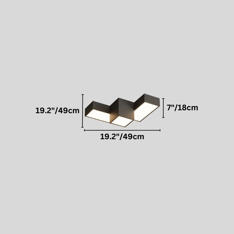 "A diagram showing the dimensions of a geometric ceiling light with interlocking rectangular forms, including length, width, and depth in inches and centimeters."