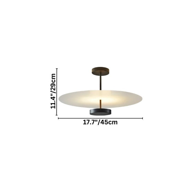 "Dimensions diagram of a small, modern ceiling light with a circular acrylic diffuser and a sleek metal frame."