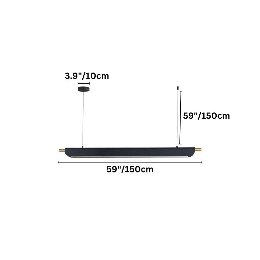 "Diagram showing the dimensions of a modern pendant light with a long, thin frame and measurements in inches and centimeters."