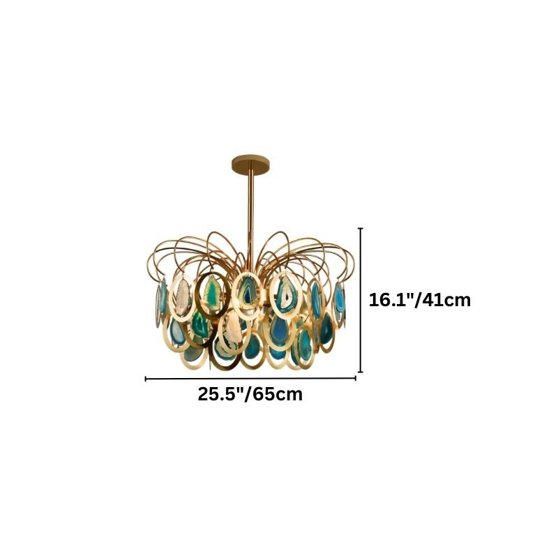 "A small agate chandelier with an intricate iron frame, showing product dimensions."