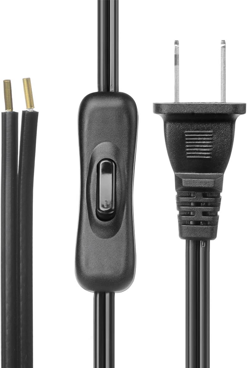 Black electrical plug with inline switch and exposed wires on a plain white background.