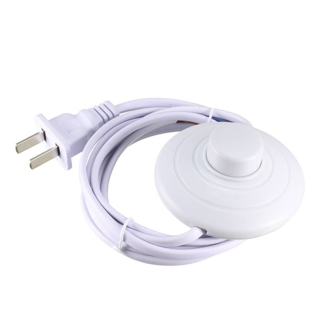 White plug with a circular step switch, featuring a cord, set against a plain white studio background.