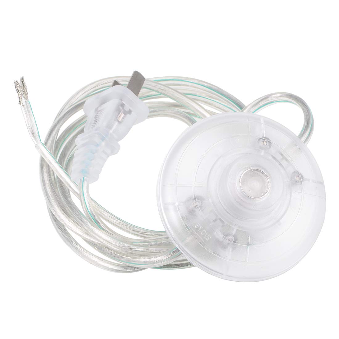 Clear plug with step switch add-on, featuring a transparent circular body and flexible cord, set against a plain white backgr