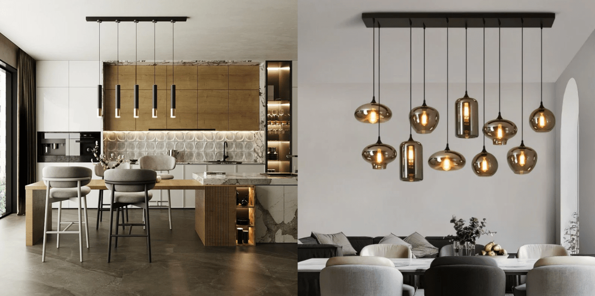 Properly sized pendant lights on a large kitchen island