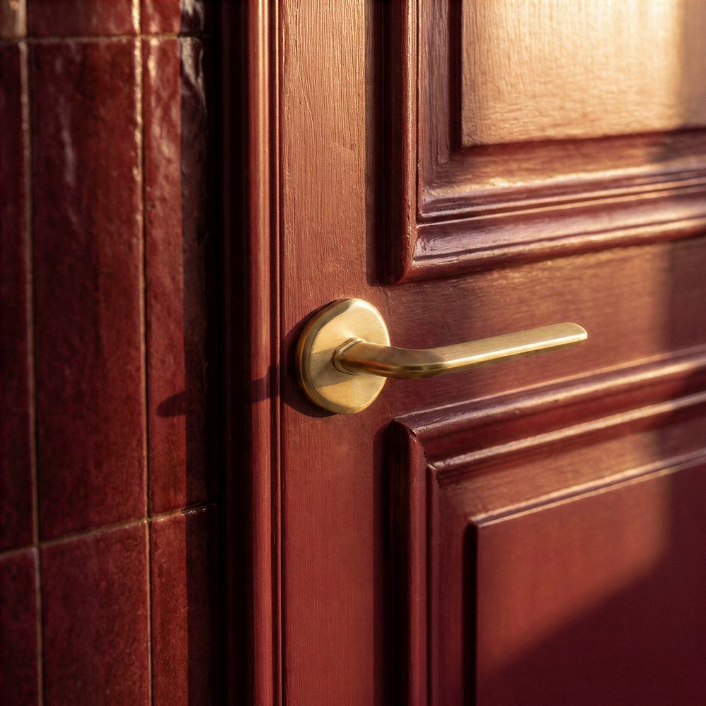 Enzo Door Handle in Satin Brass, on a plain background