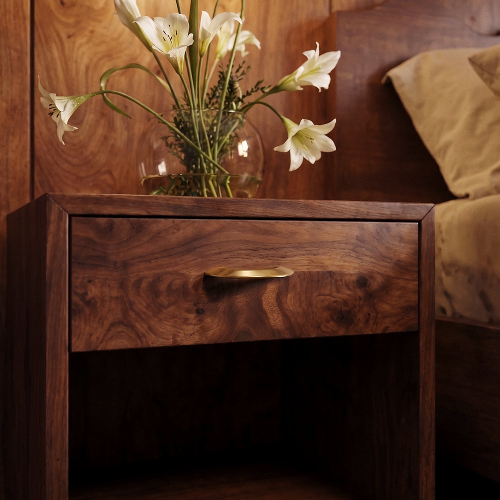 Enzo Cabinet Pull in Satin Brass, installed in a bedroom