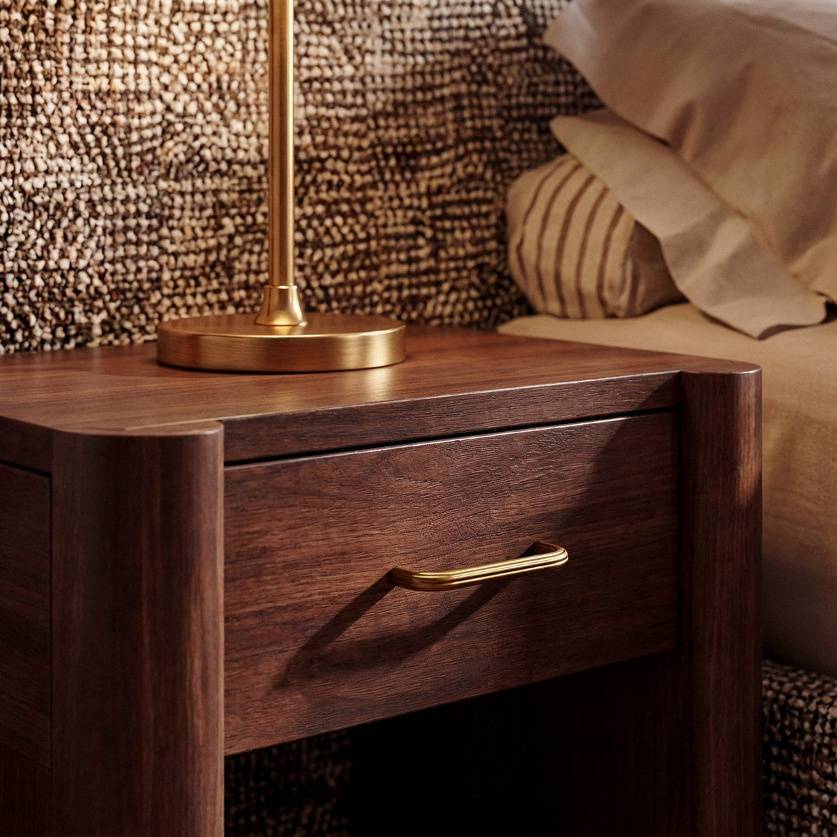 Gatsby Cabinet Pull in Satin Brass, installed in a bedroom