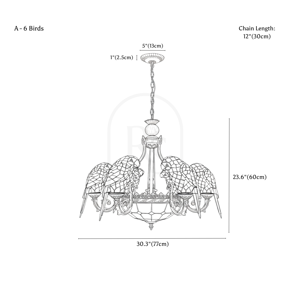 Glass Parrot Chandelier line drawing 1